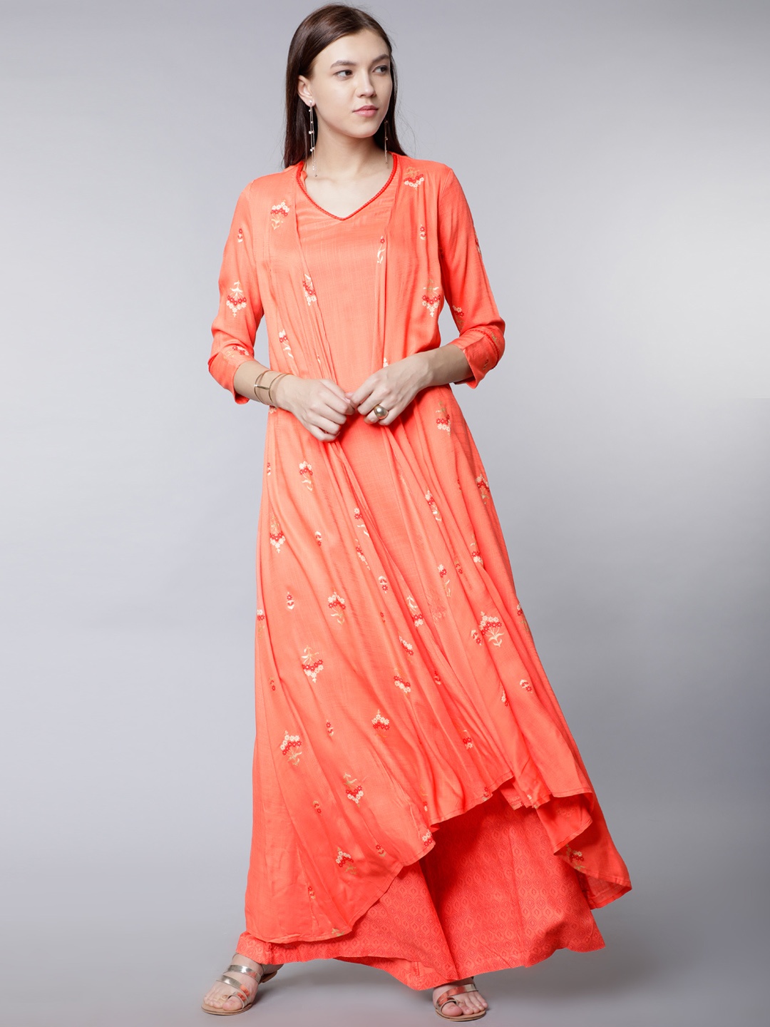 Vishudh Women Coral Floral Printed Layered Kurta with Palazzos