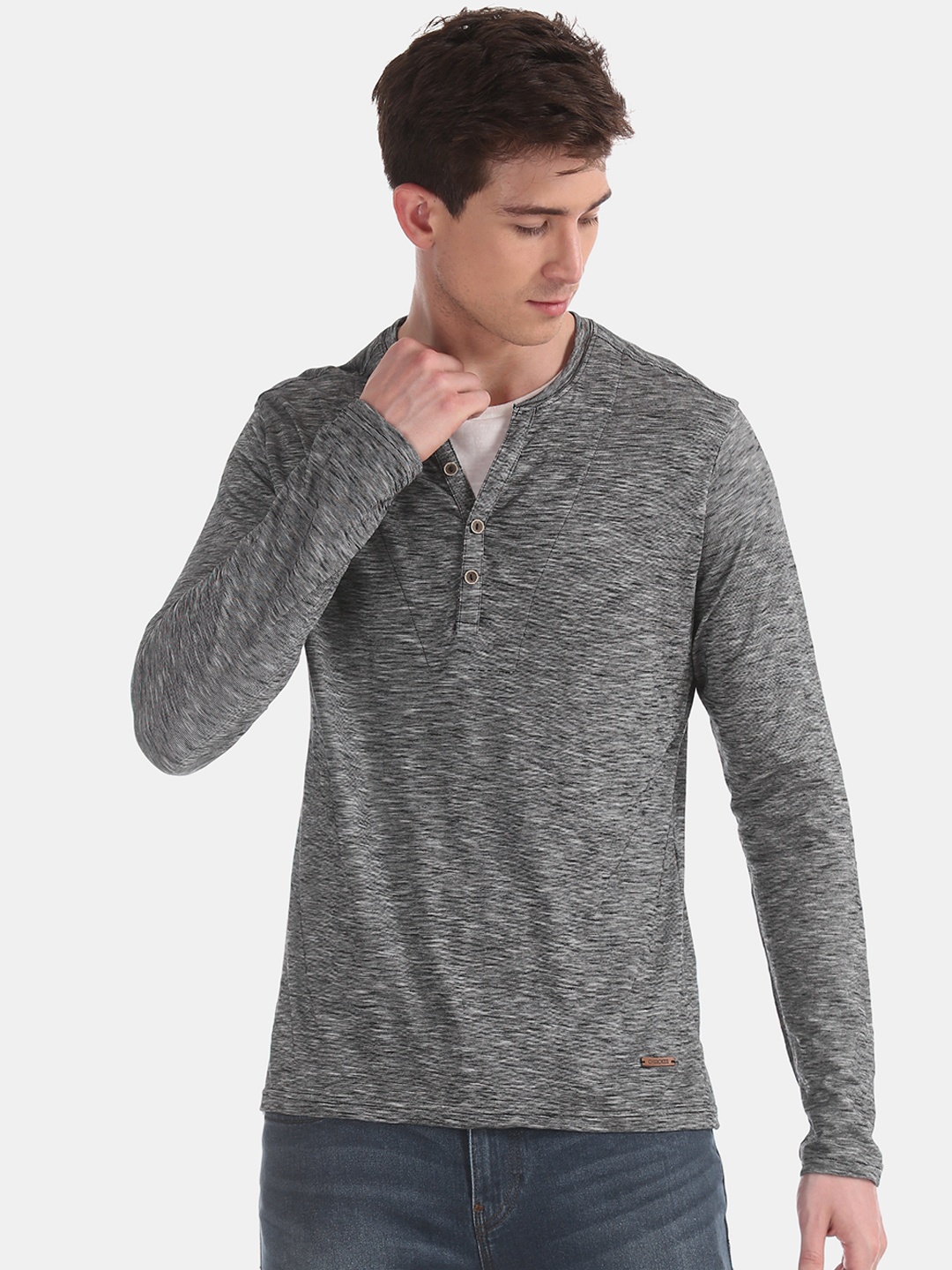 Cherokee Men Grey Solid Henley Neck Pure Cotton T-shirt