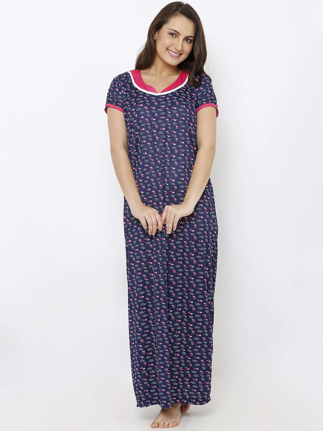 Pretty Awesome Navy Blue & Pink Floral Print Nightdress PTAS365