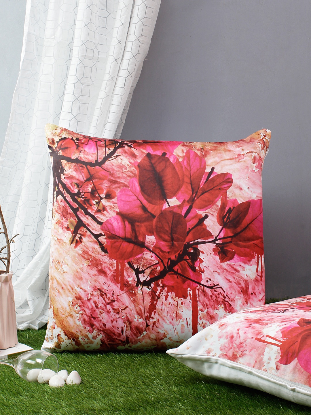 Soumya Set of 2 Pink & Coffee Brown Floral Satin Square Cushion Covers