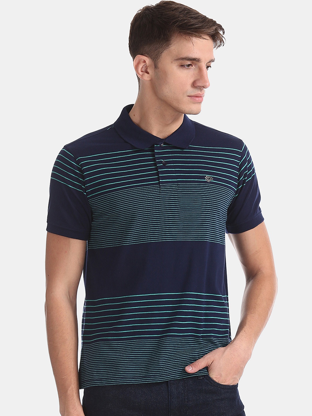 Ruggers Men Blue Striped Polo Collar T-shirt