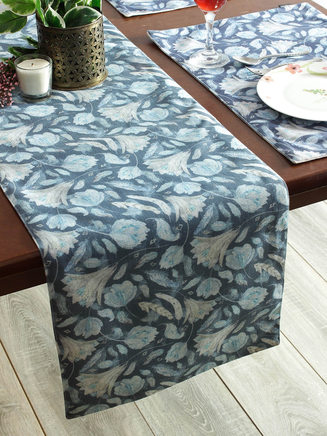 Soumya Setof 7 Blue Printed 6 Seater Table Placemats With Runner
