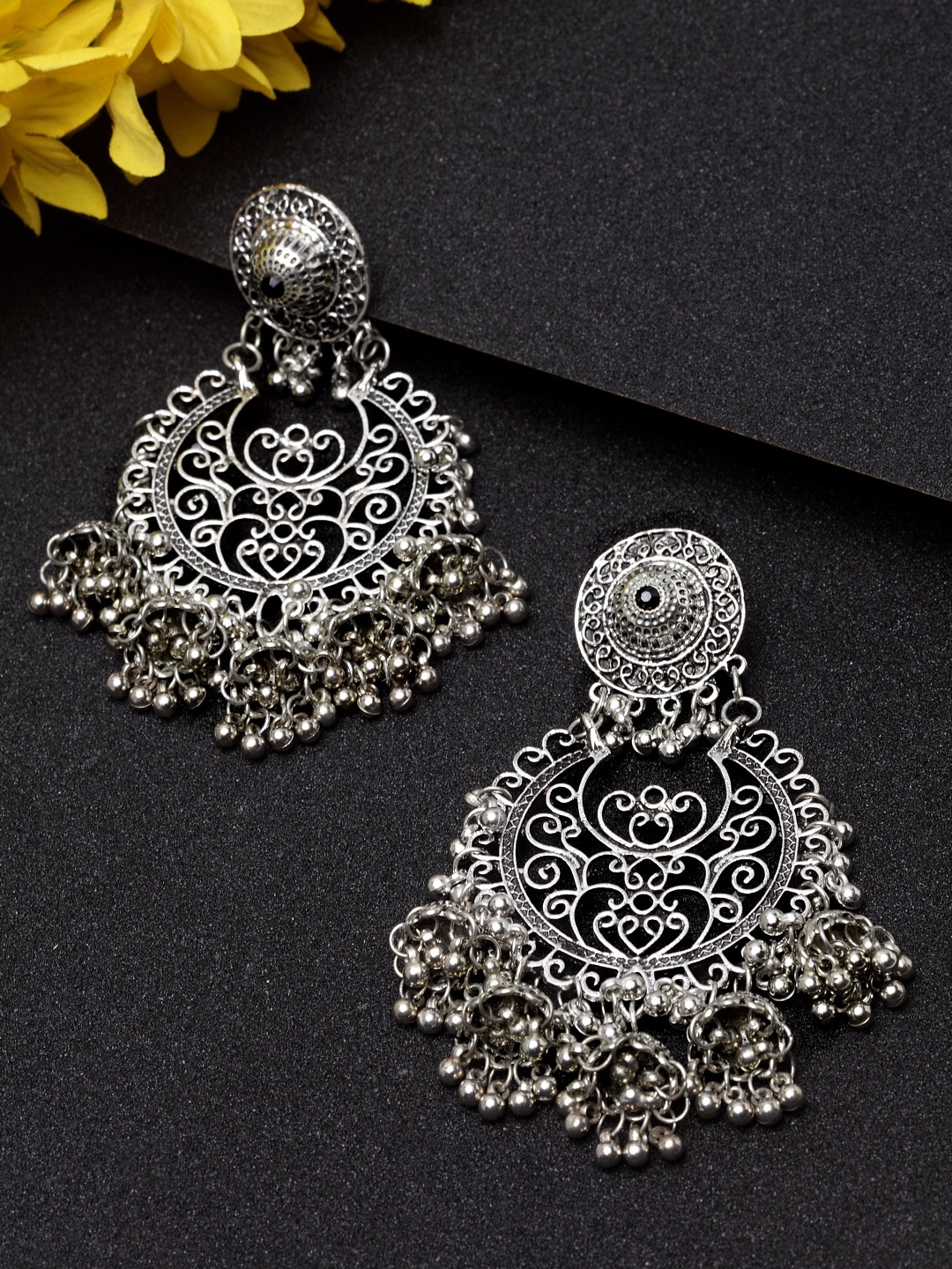 Moedbuille Silver-Plated Handcrafted Filigree Work Antique Layered Circular Drop Earrings
Moedbuille Silver-Plated Handcrafted Filigree Work Antique Layered Circular Drop Earrings