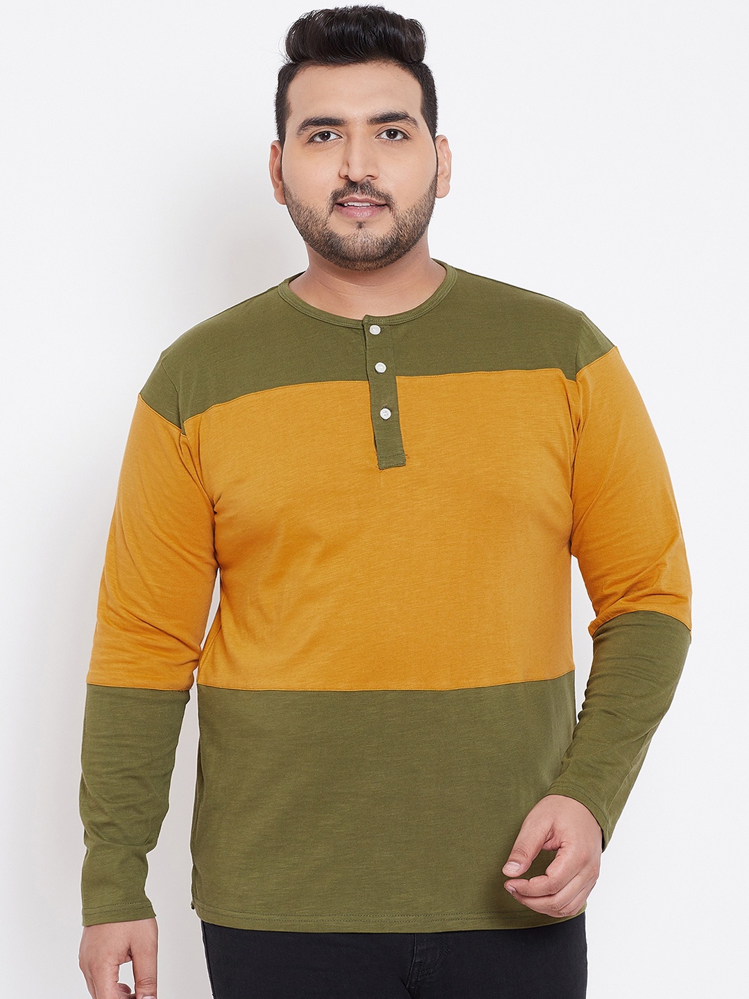 bigbanana Plus Size Men Mustard Yellow Olive Green Colourblocked Henley Neck Bio Finish Pure Cotton T-shirt
bigbanana Plus Size Men Mustard Yellow Olive Green Colourblocked Henley Neck Bio Finish Pure Cotton T-shirt