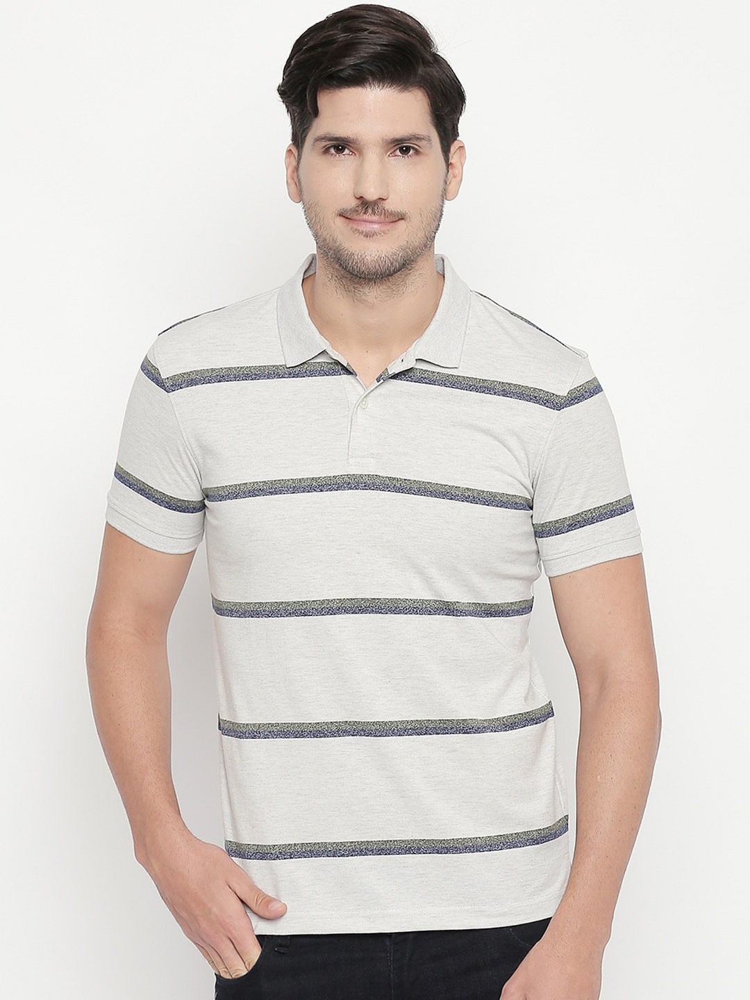 BYFORD by Pantaloons Men Off-White Striped Polo Collar T-shirt