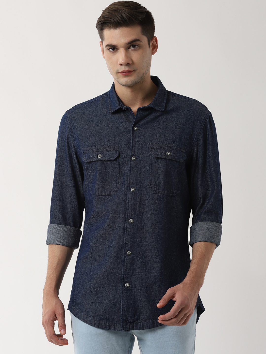 Peter England Casuals Men Navy Blue Slim Fit Solid Casual Shirt