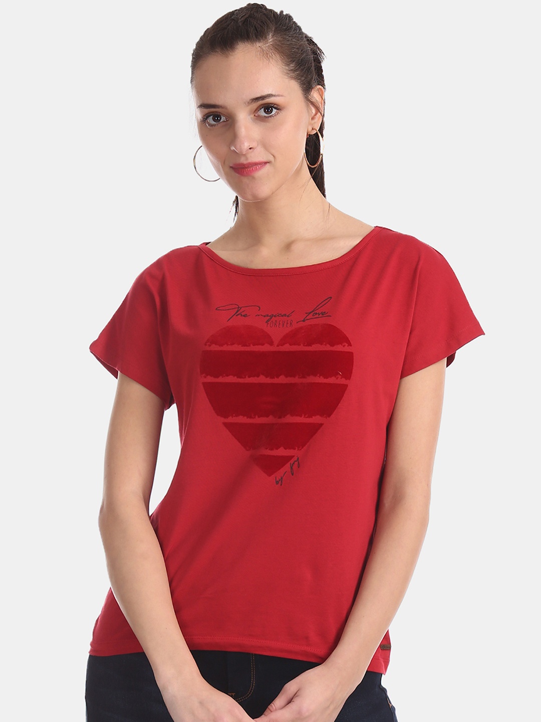 Flying Machine Women Red Printed Round Neck Pure Cotton T-shirt