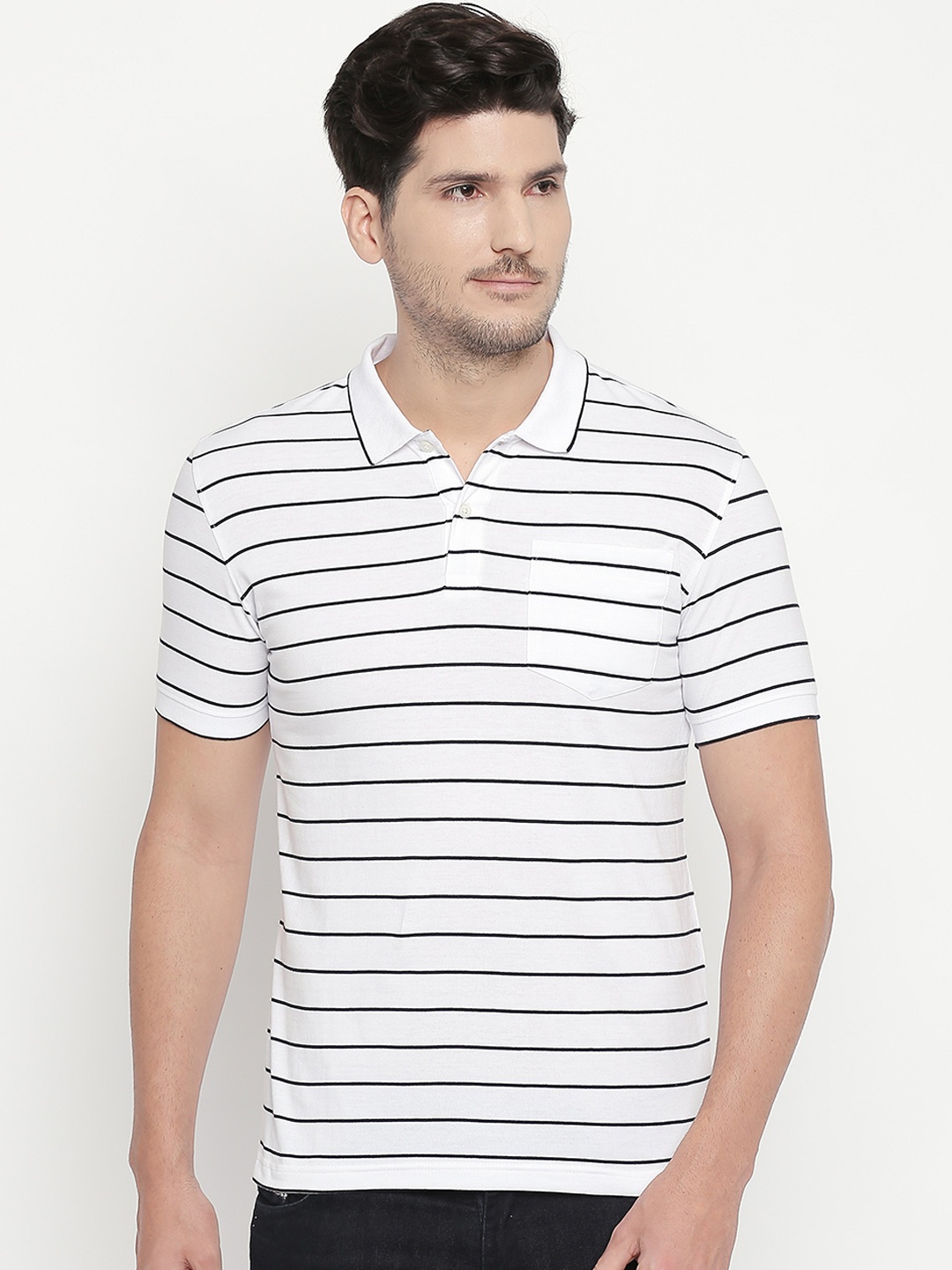 BYFORD by Pantaloons Men White Striped Polo Collar T-shirt