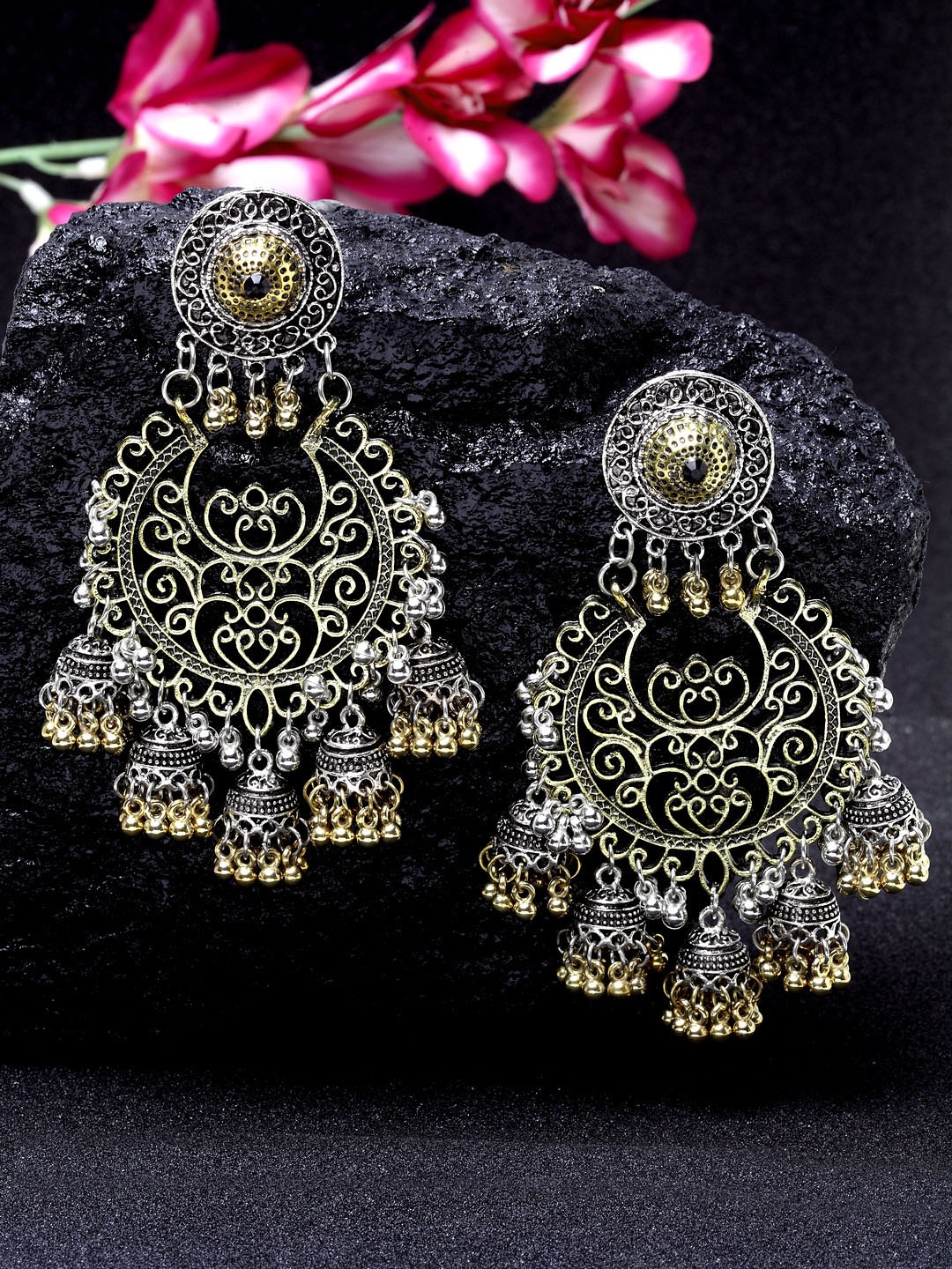 Moedbuille Gold-Plated Silver-Toned Handcrafted Crescent Shaped Drop Earrings