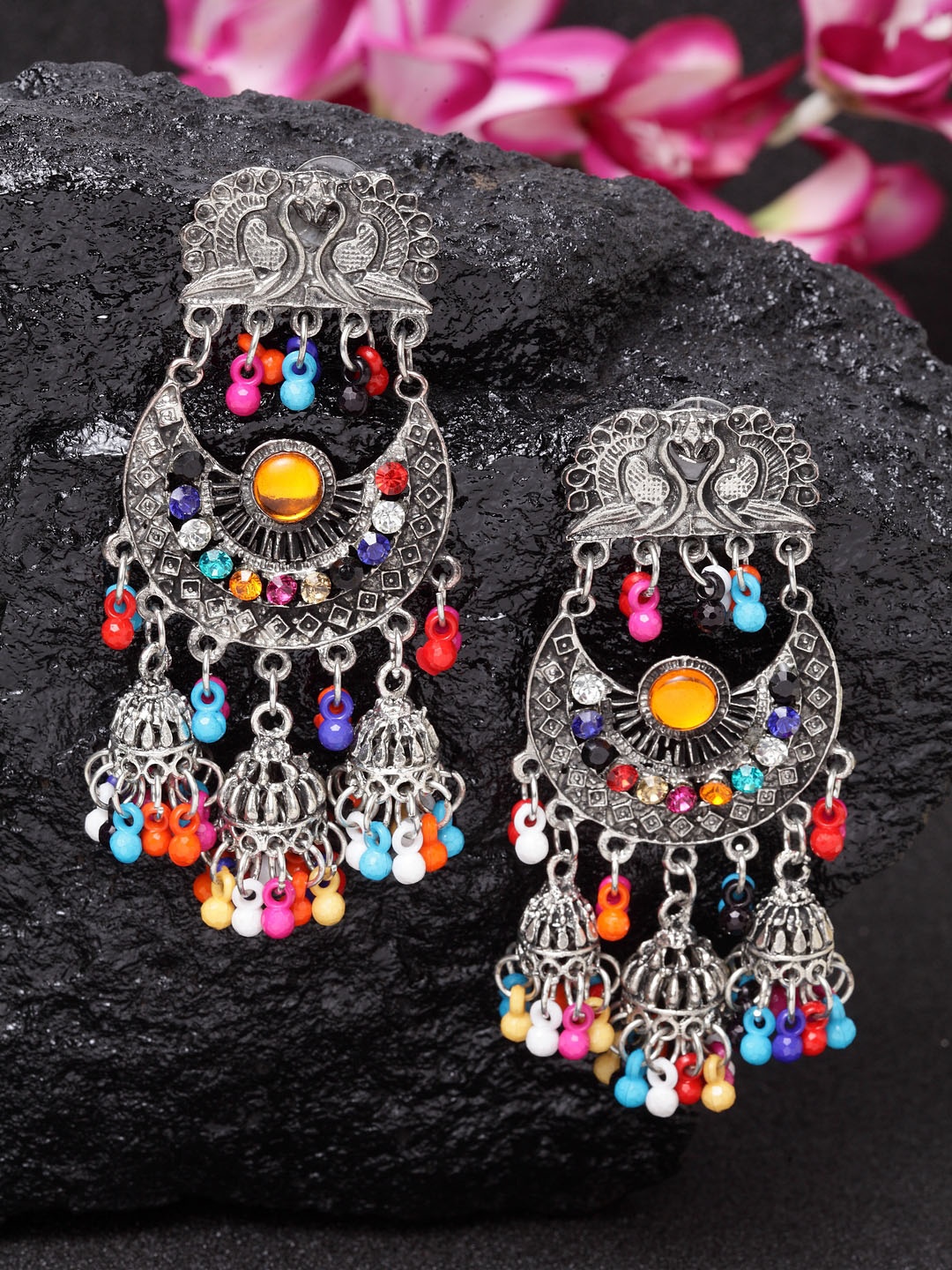 Moedbuille Silver-Plated Multicoloured Afghan Oxidised Peacock Shaped Chandbalis, Multi
Moedbuille Silver-Plated Multicoloured Afghan Oxidised Peacock Shaped Chandbalis, Multi