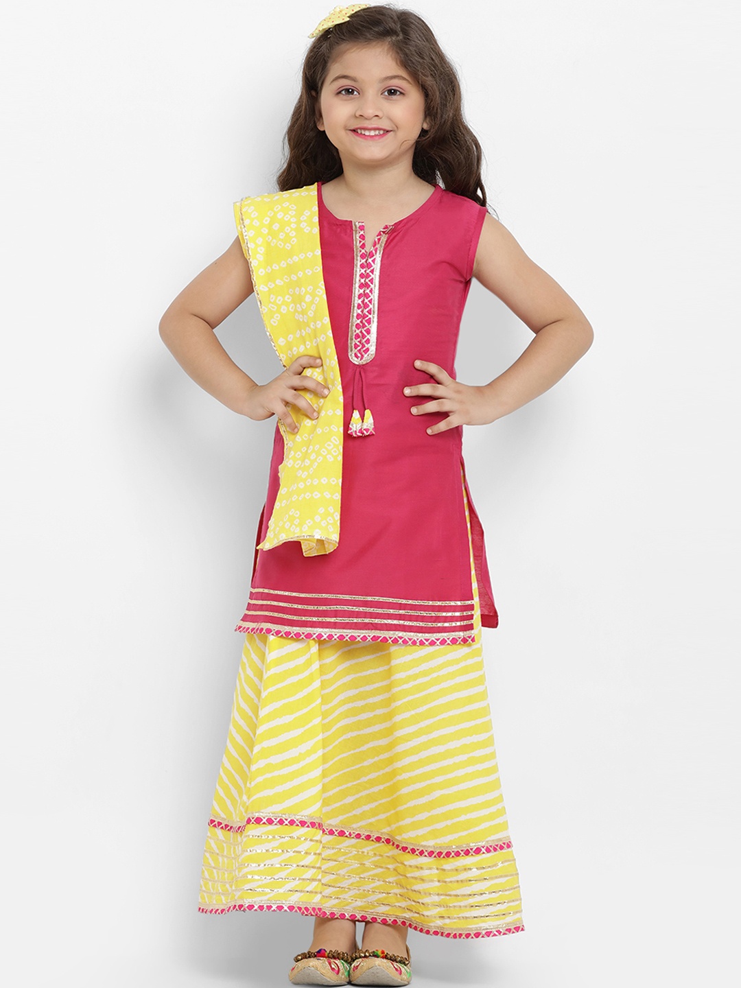 Bitiya by Bhama Girls Pink & Yellow Solid Kurta with Skirt & Dupatta