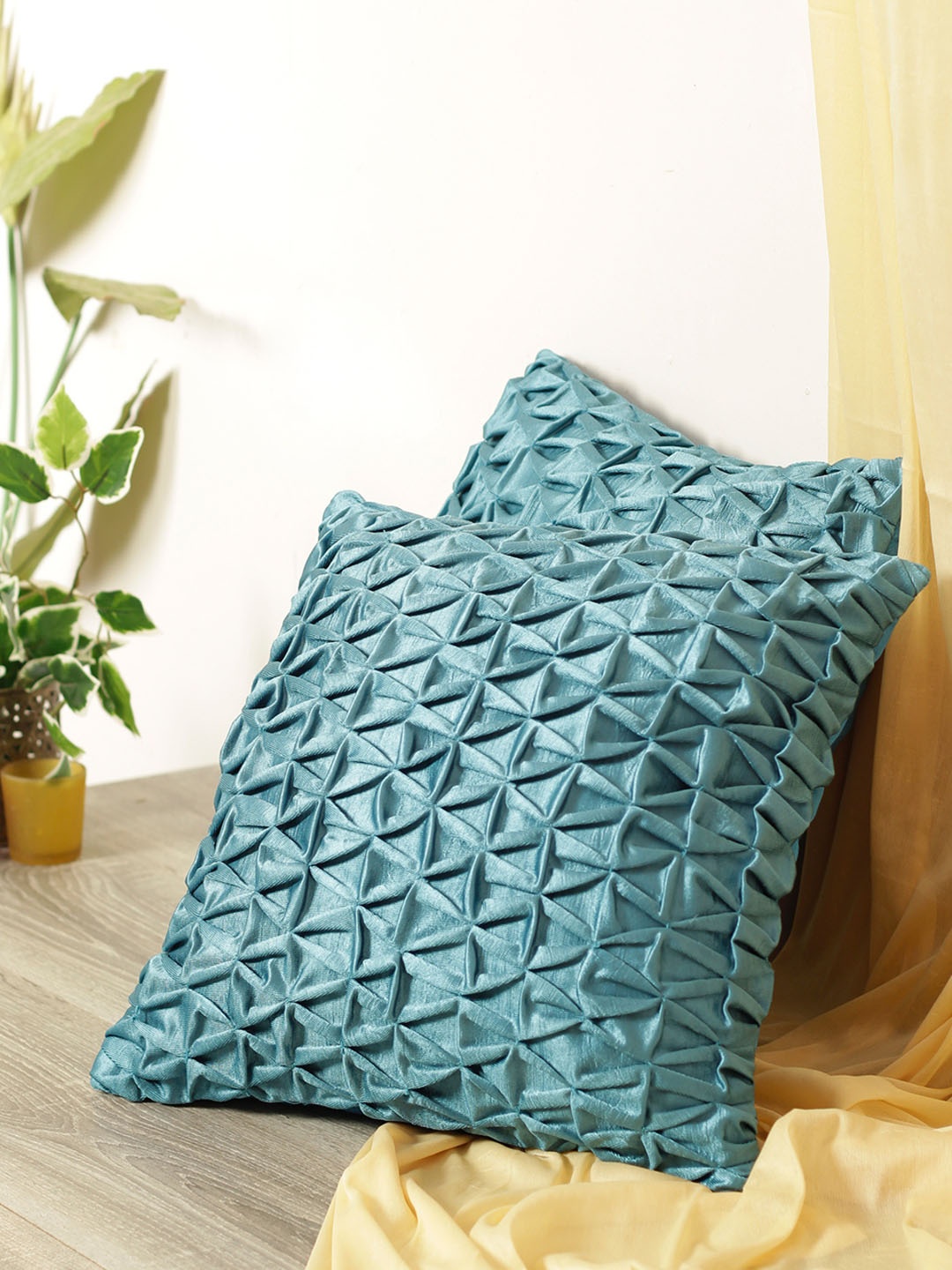 ROMEE Turquoise Blue Set of 2 Geometric Square Cushion Covers