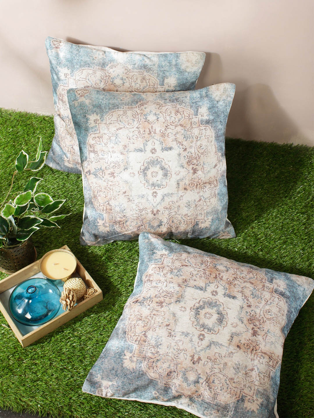 ROMEE Set of 3 Blue & White Ethnic Motifs Square Cushion Covers