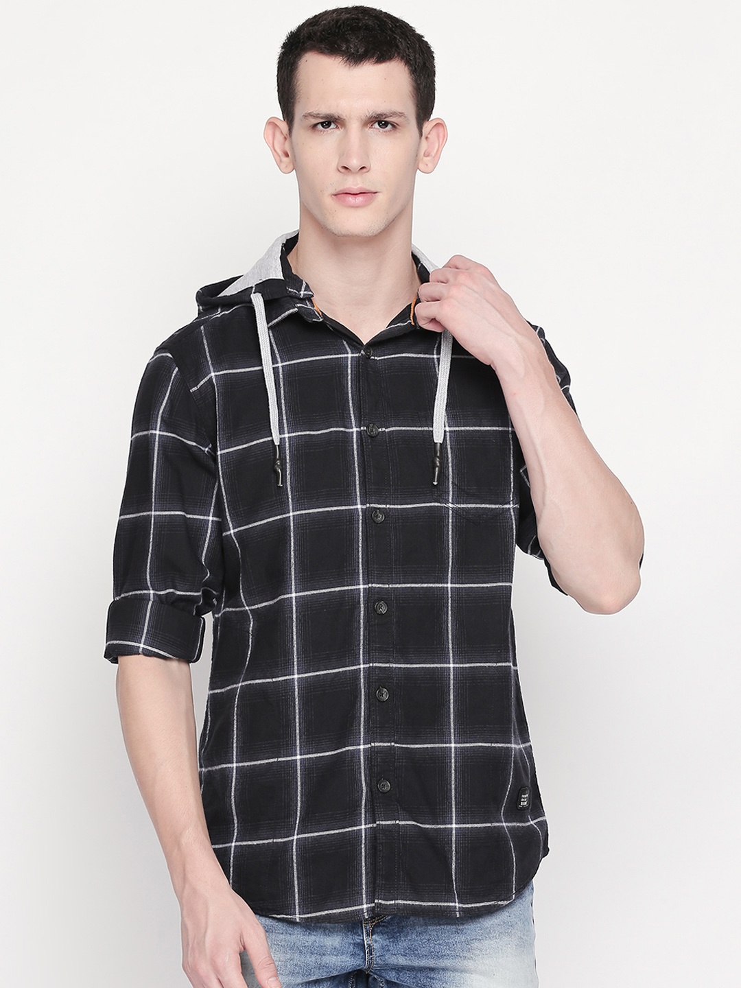 SF JEANS by Pantaloons Men Black & White Slim Fit Checked Hooded Casual Shirt