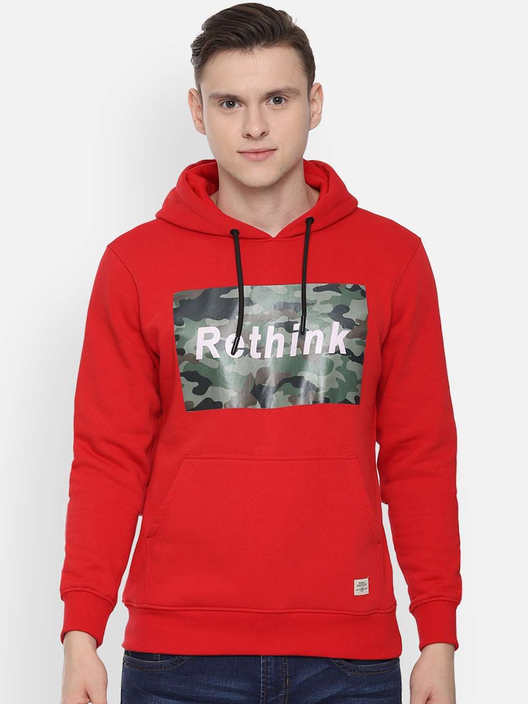 People Men Red Printed Hooded Sweatshirt