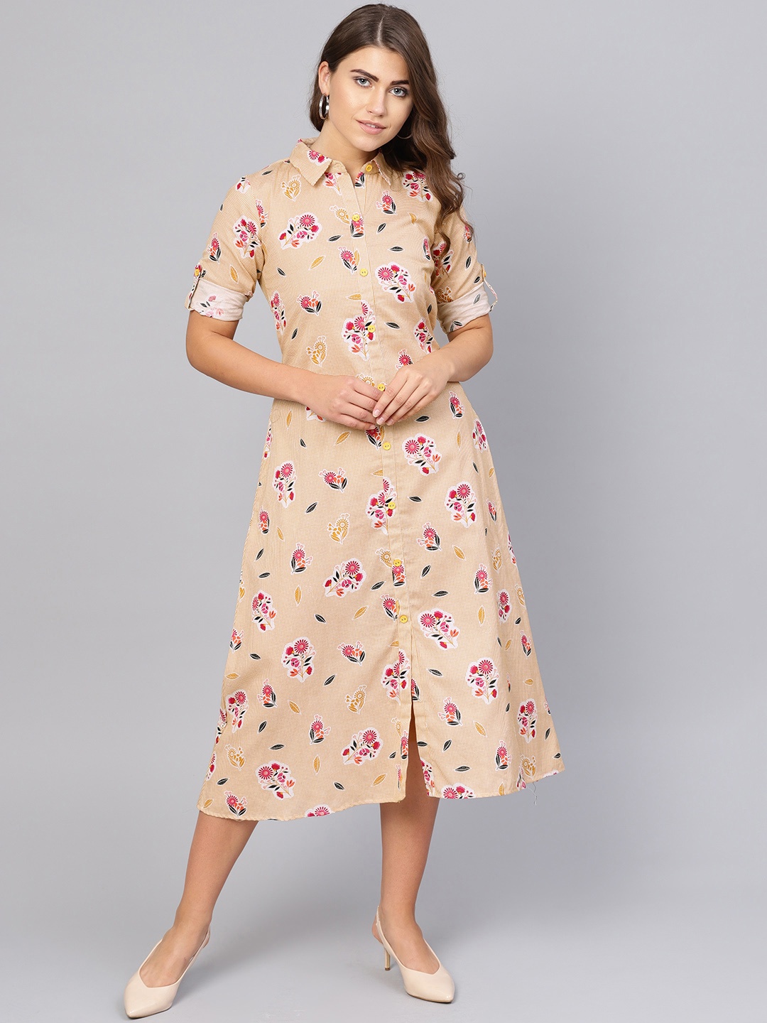 Yuris Women Mustard Yellow & Pink Floral Printed Shirt Dress