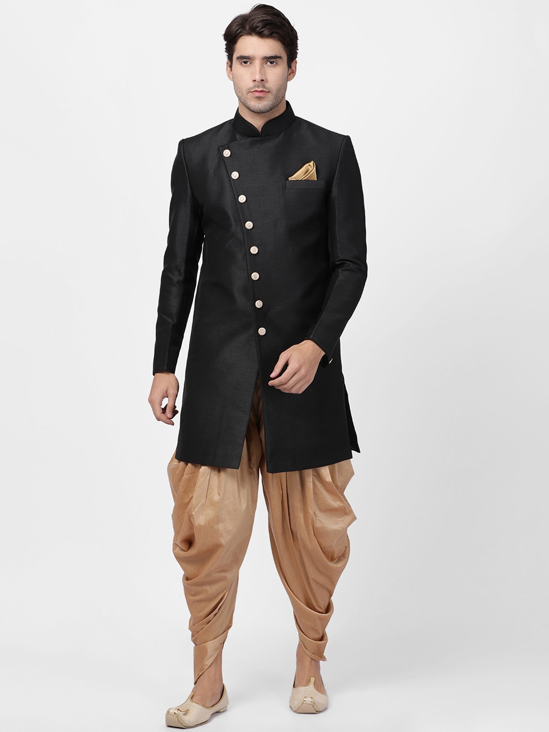 VASTRAMAY Men Black & Gold-Coloured Silk Sherwani with Dhoti Pants