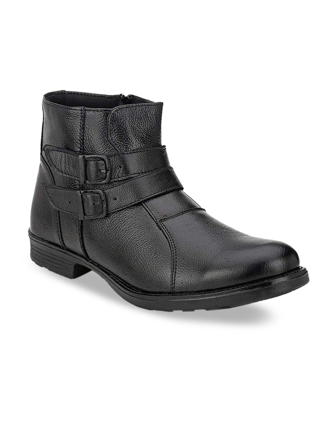 Mactree Men Black Solid Leather Mid-Top Flat Boots