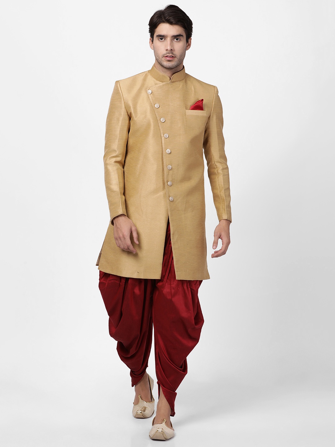 VASTRAMAY Men Beige & Maroon Silk Sherwani with Dhoti Pants
