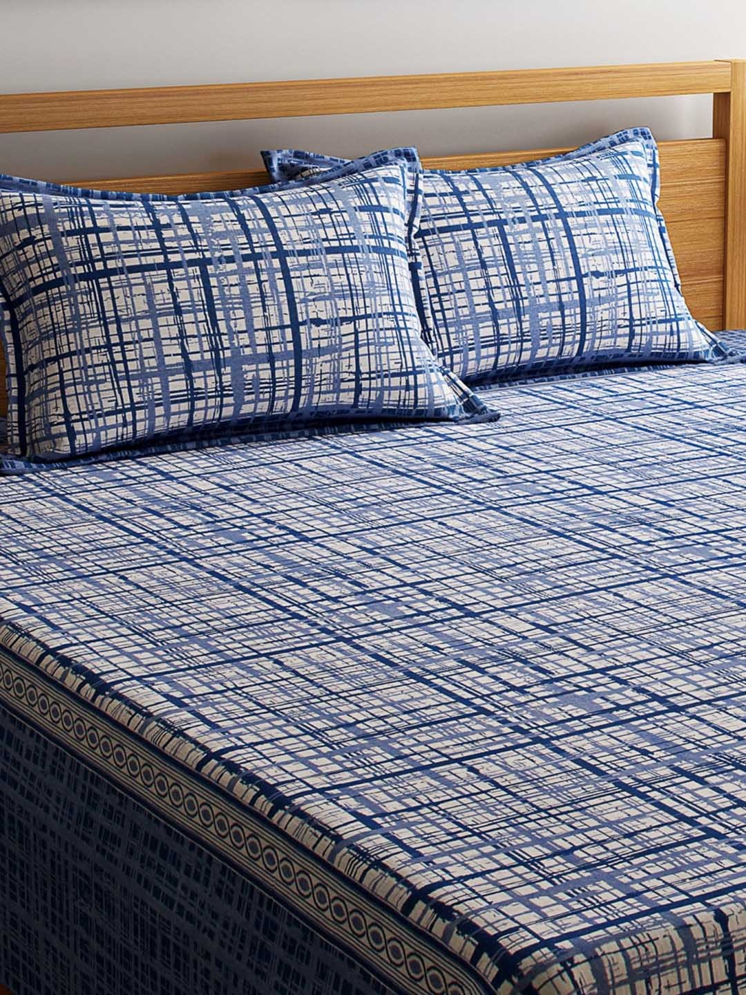 ROMEE Navy Blue & White Printed 180TC Double Bed Cover with 2 Pillow Covers