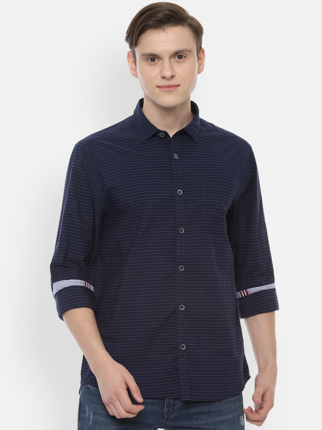 People Men Navy Blue Regular Fit Striped Casual Shirt