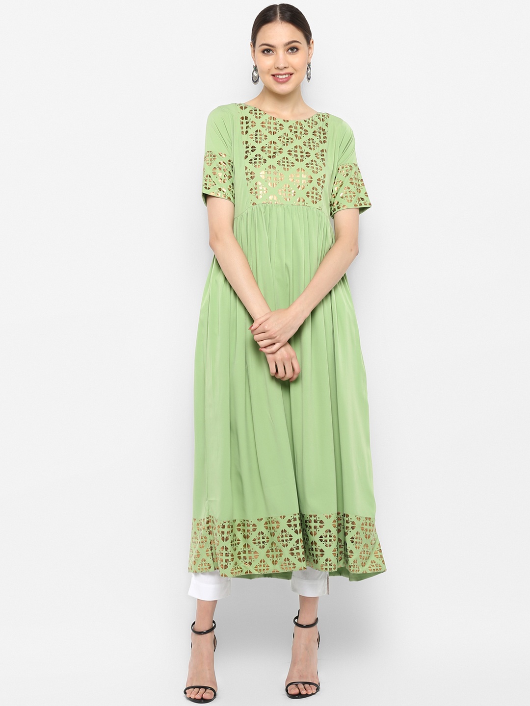 Janasya Women Green Foil Printed A-Line Kurta