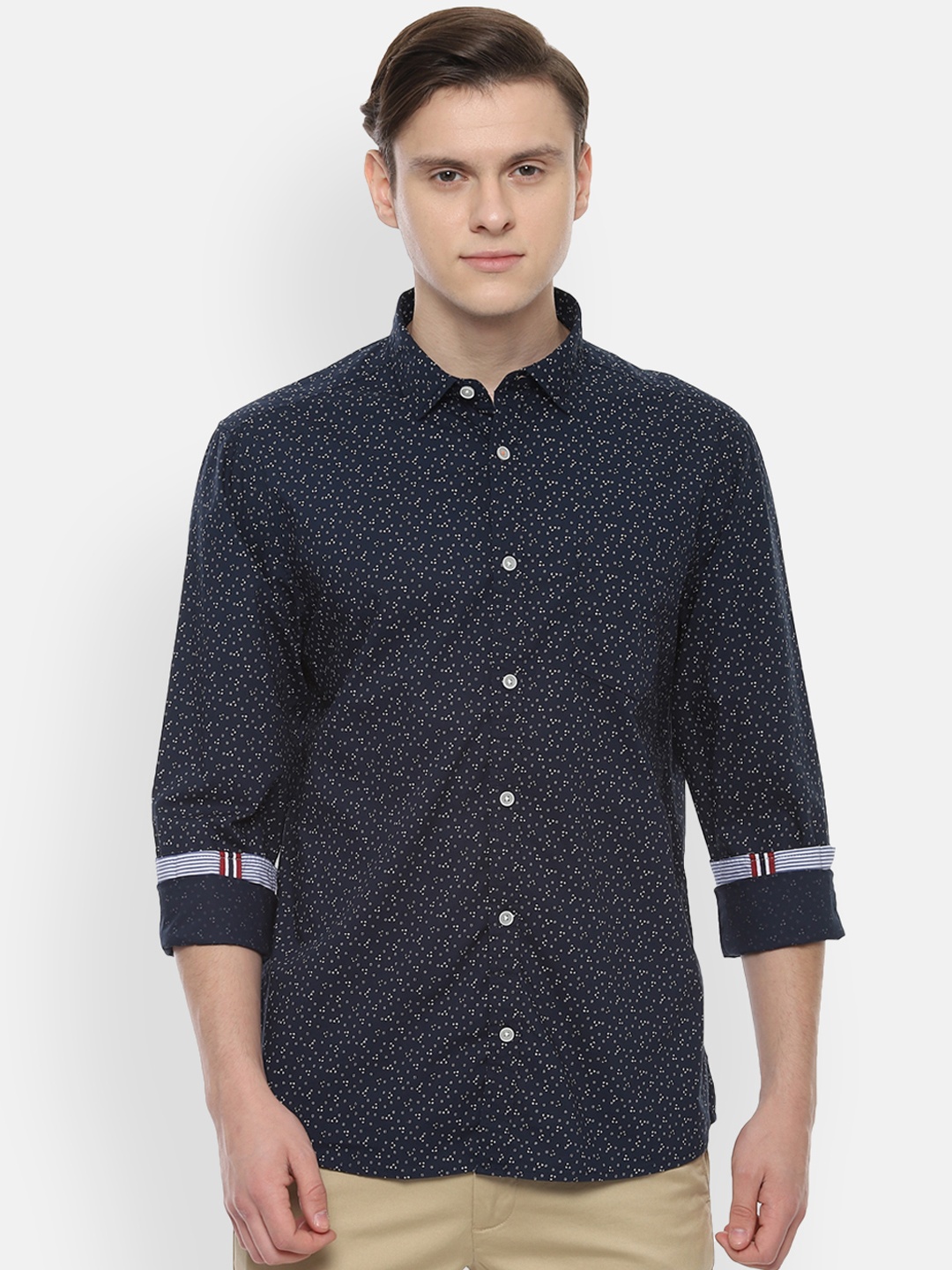 People Men Navy Blue Regular Fit Printed Casual Shirt