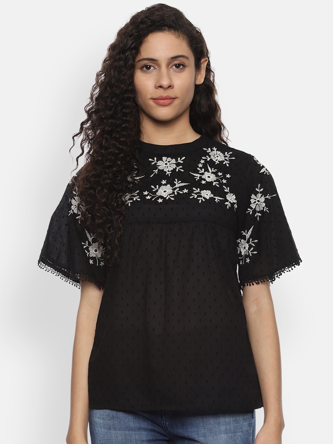 Van Heusen Women Black Printed A-Line Pure Cotton Top