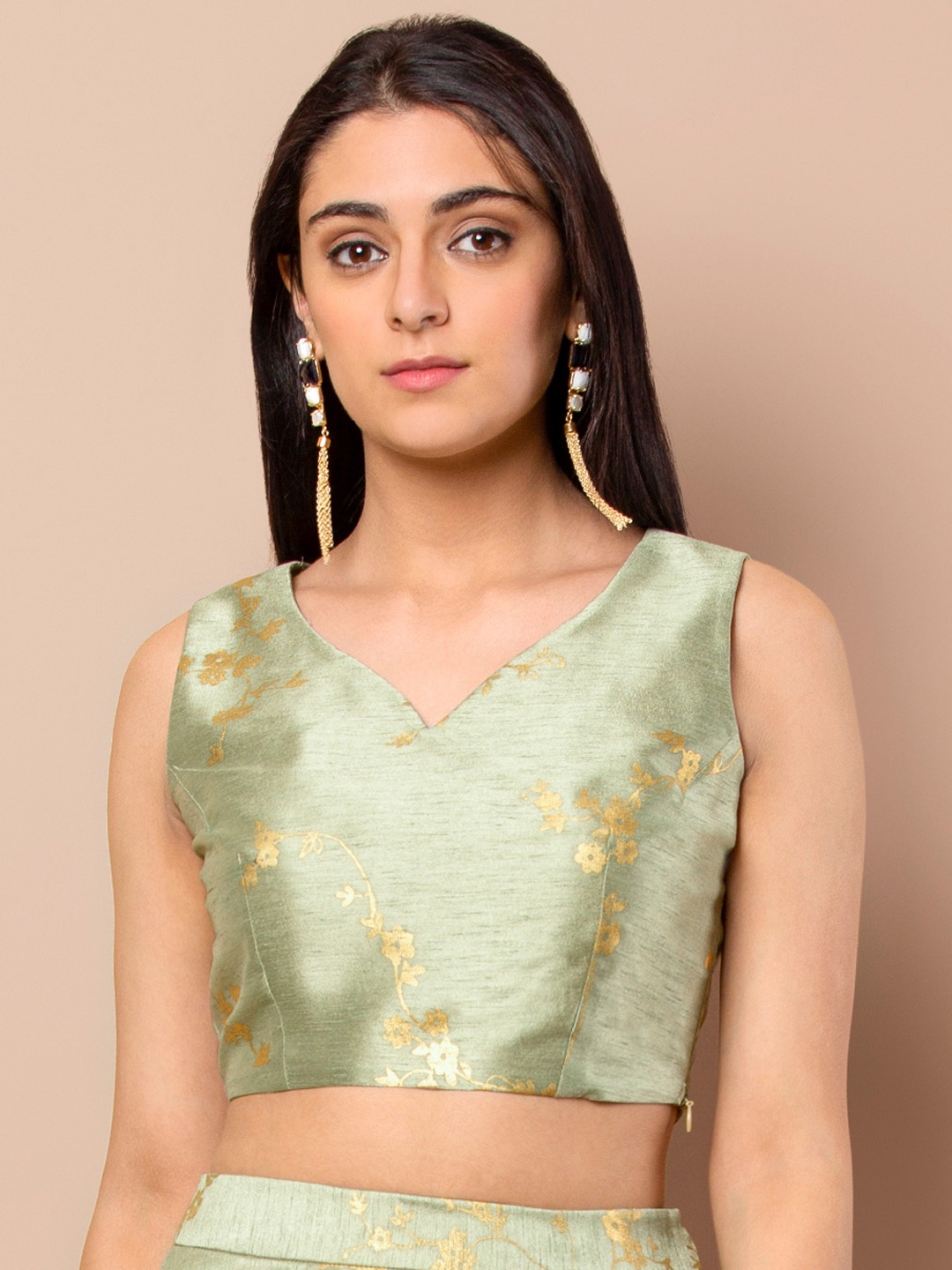 INDYA Women Green Foil Printed Fitted Crop Top