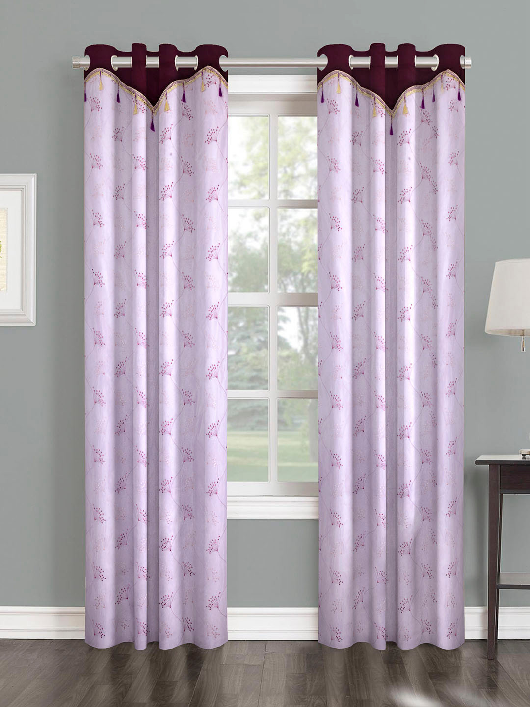 Cortina Violet & White Set of 2 Fancy Valance Floral Printed Sheer Door Curtains, Lavender
Cortina Violet & White Set of 2 Fancy Valance Floral Printed Sheer Door Curtains, Lavender