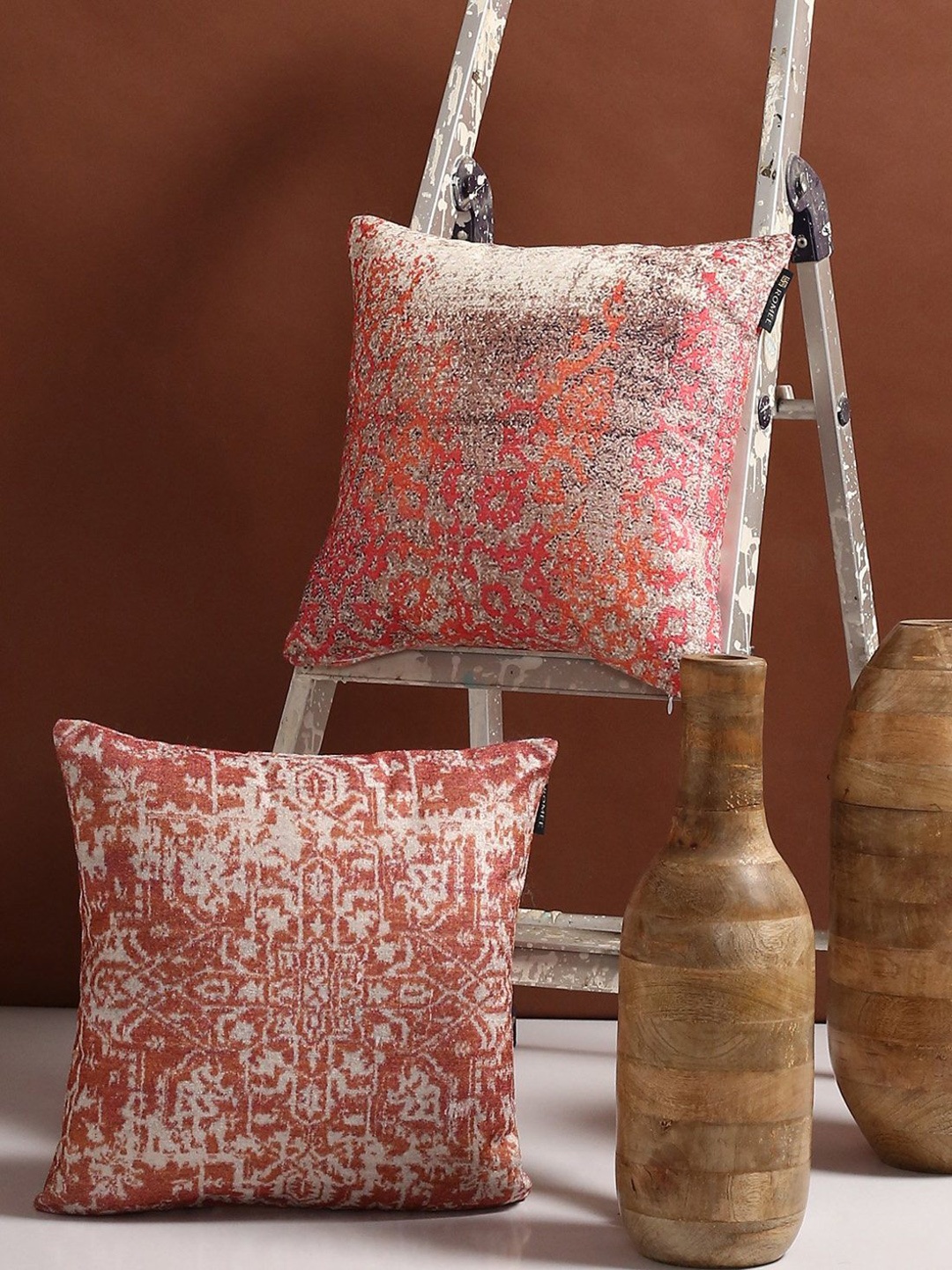 ROMEE Orange & Off-White Set of 2 Ethnic Motifs Square Cushion Covers