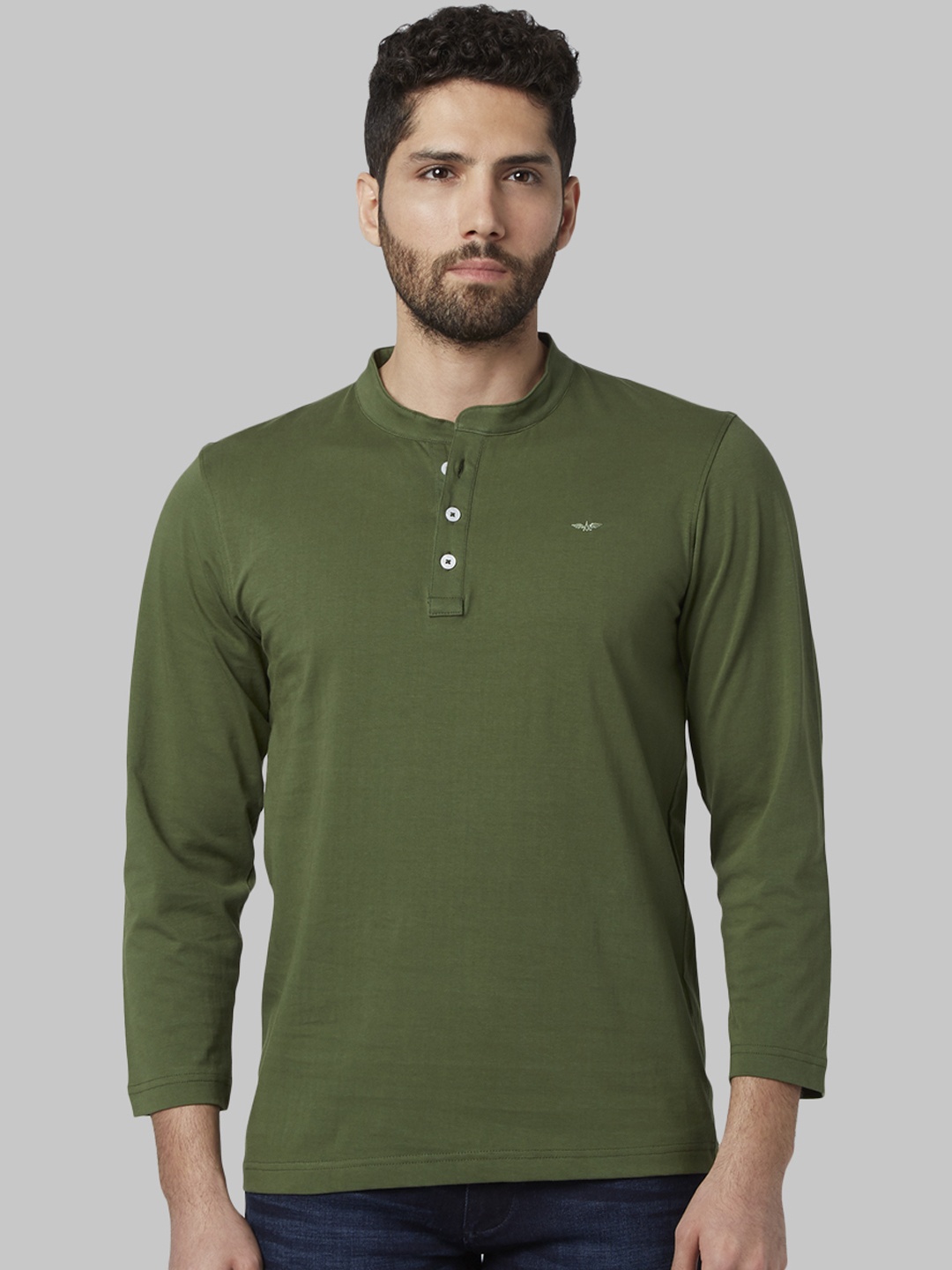 Park Avenue Men Green Solid Mandarin Collar T-shirt