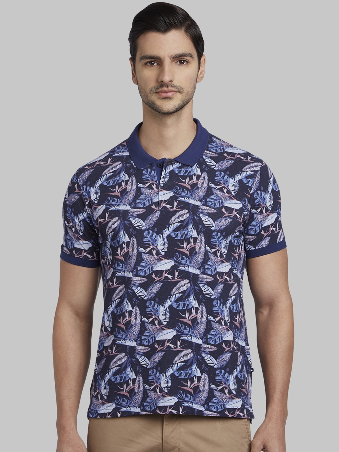 Parx Men Navy Blue Printed Polo Collar T-shirt