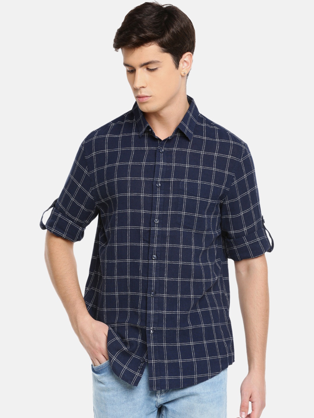 Celio Men Blue Regular Fit Checked Casual Sustainable Shirt