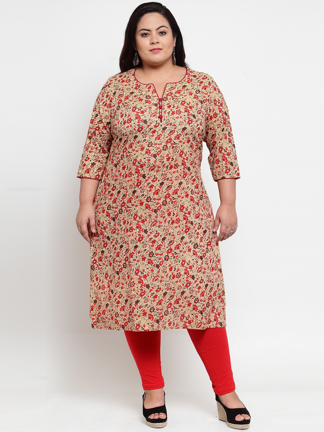 plusS Women Beige & Red Floral Printed Straight Kurta