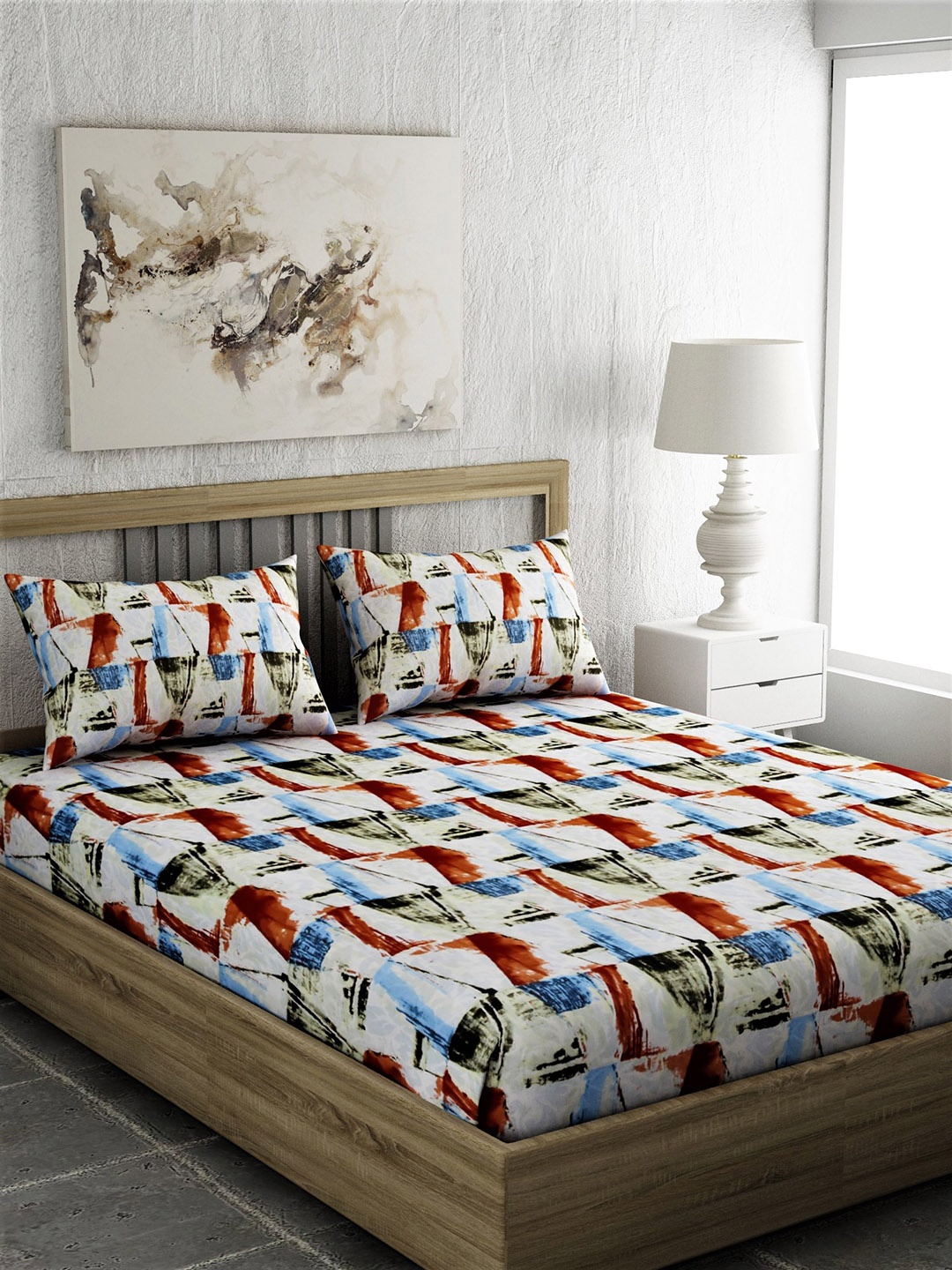 EverHOME Brown & Blue Geometric 210 TC Cotton 1 Queen Bedsheet with 2 Pillow Covers