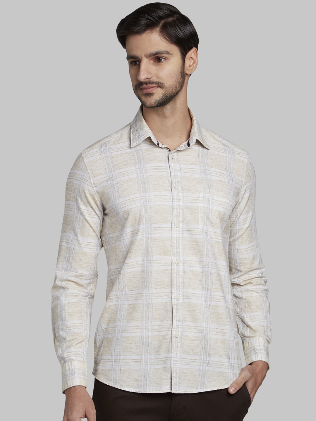 Parx Men Beige Slim Fit Checked Casual Shirt