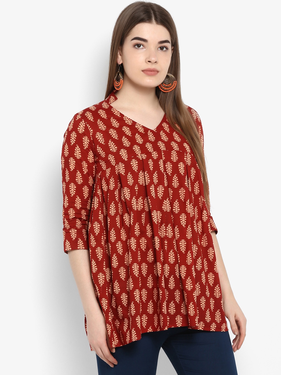 ETHNIC STREET Women Brown & Mustard Yellow Printed A-Line Top