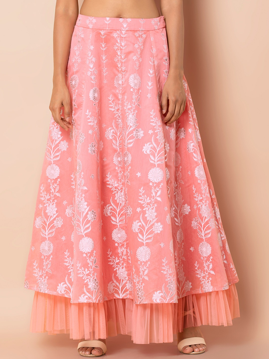INDYA Women Pink Foil Printed Maxi Skirt, Peach