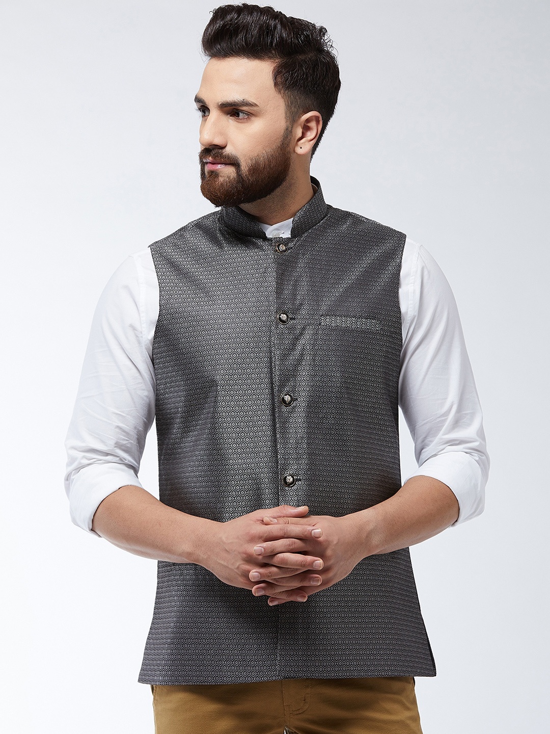 SOJANYA Men Grey Woven Design Nehru Jacket