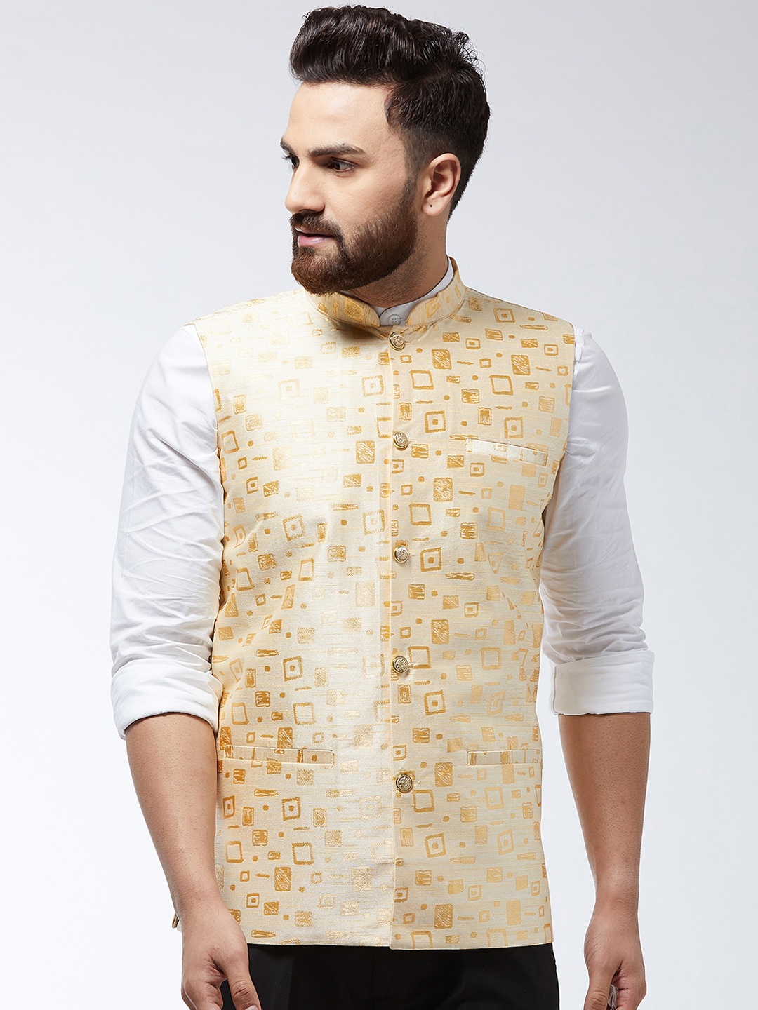 SOJANYA Men Beige & Gold Woven Design Nehru Jacket