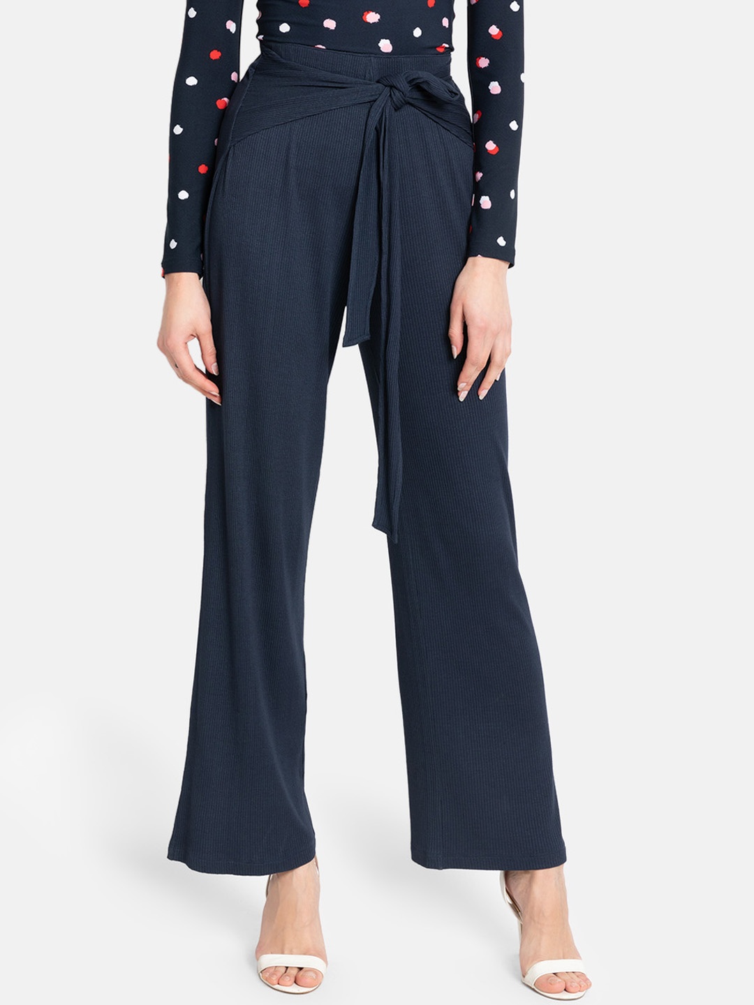 Kazo Women Navy Blue Regular Fit Solid Parallel Trousers