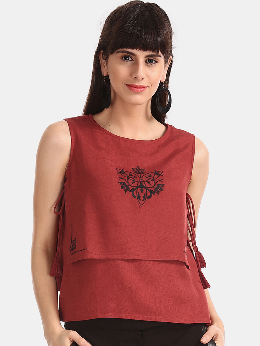 Bronz Women Red Printed Tiered Top