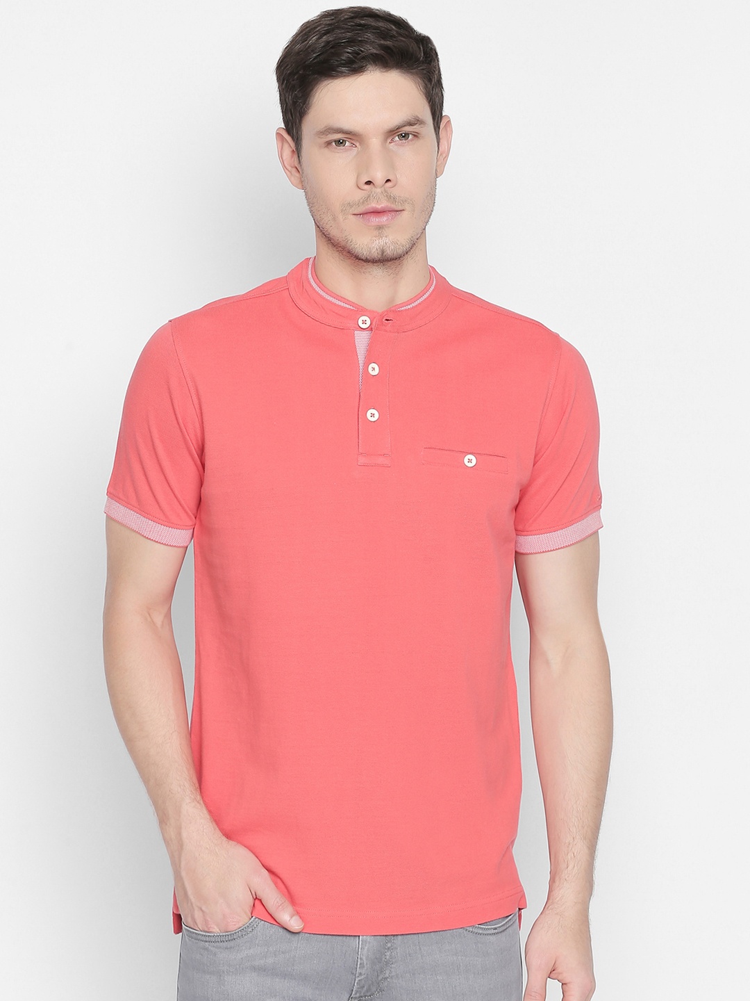 Basics Men Red Solid Mandarin Collar T-shirt