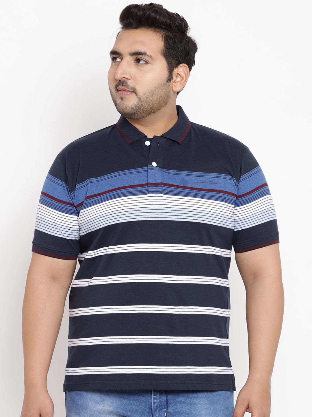 John Pride Plus Size Men Navy Blue Striped Polo Collar T-shirt