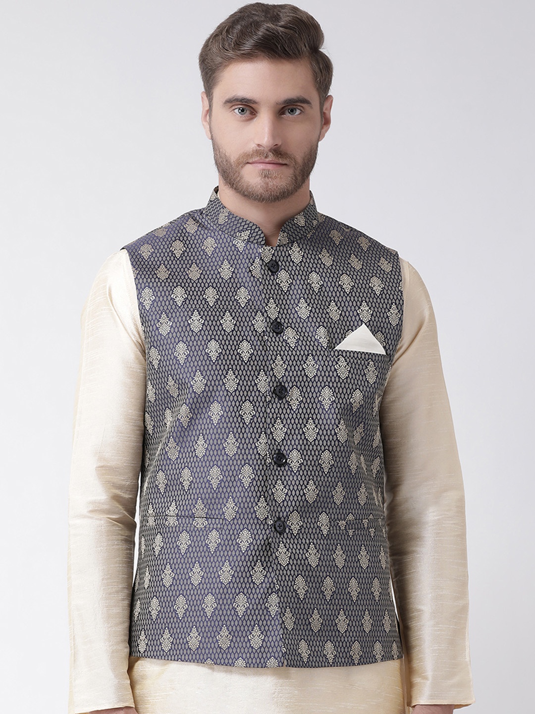 DEYANN Men Navy Blue & White Woven Design Nehru Jacket