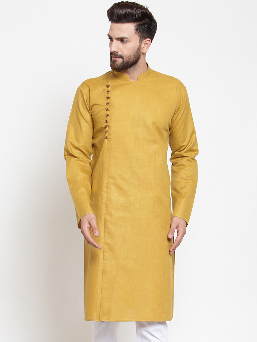 Jompers Men Mustard Yellow Solid Straight Kurta