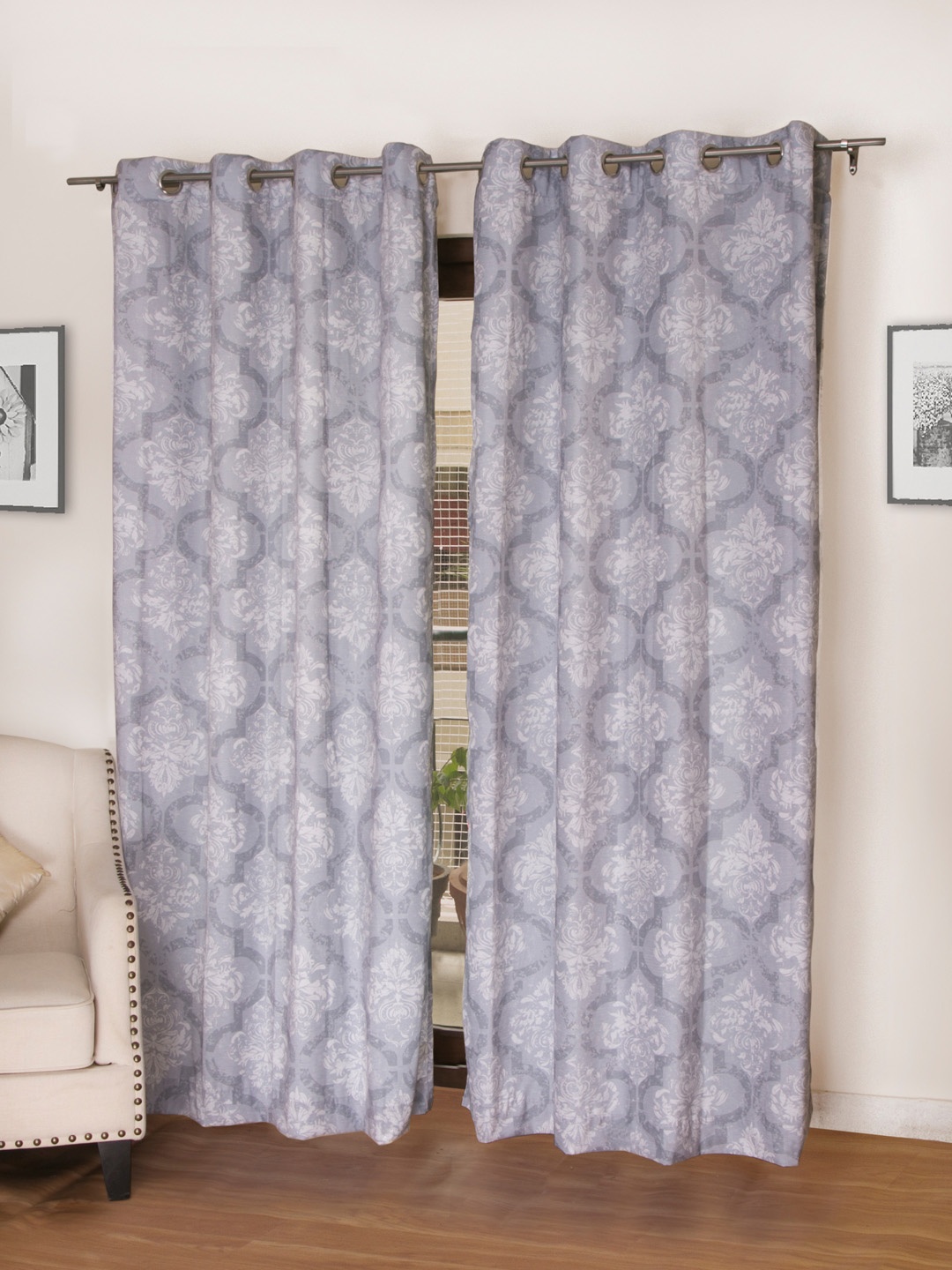ROSARA HOME Grey Set of 2 Ethnic Motifs Room Darkening Long Door Curtains