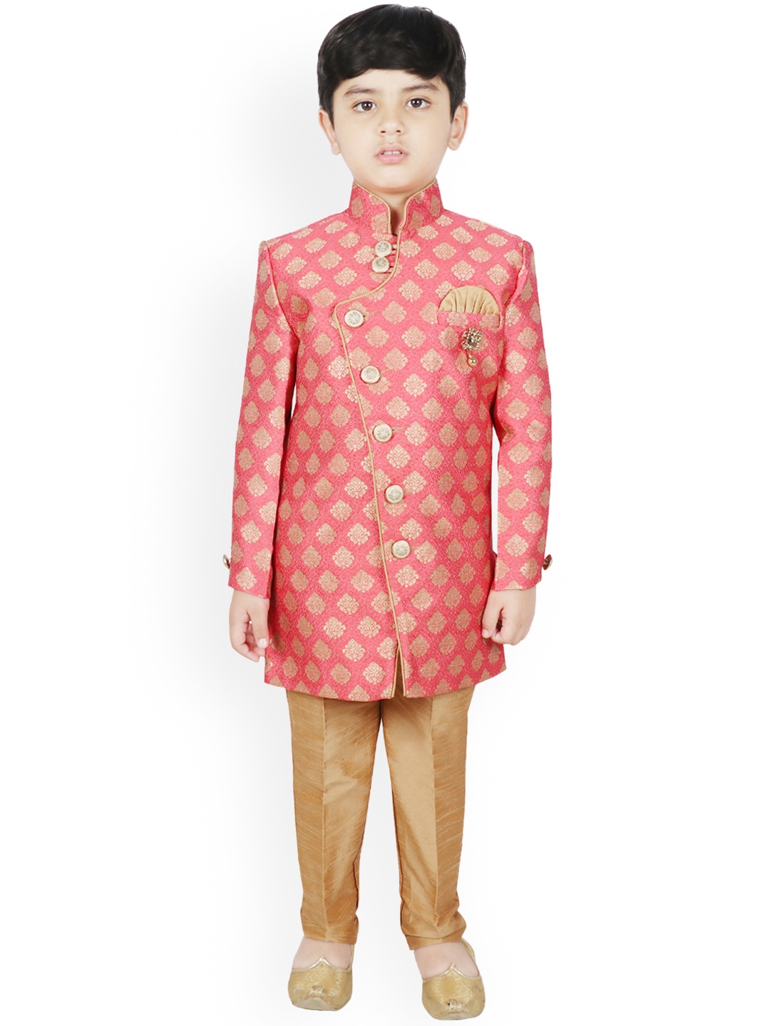 SG YUVRAJ Boys Pink & Gold-Coloured Silk Woven Design Sherwani Set