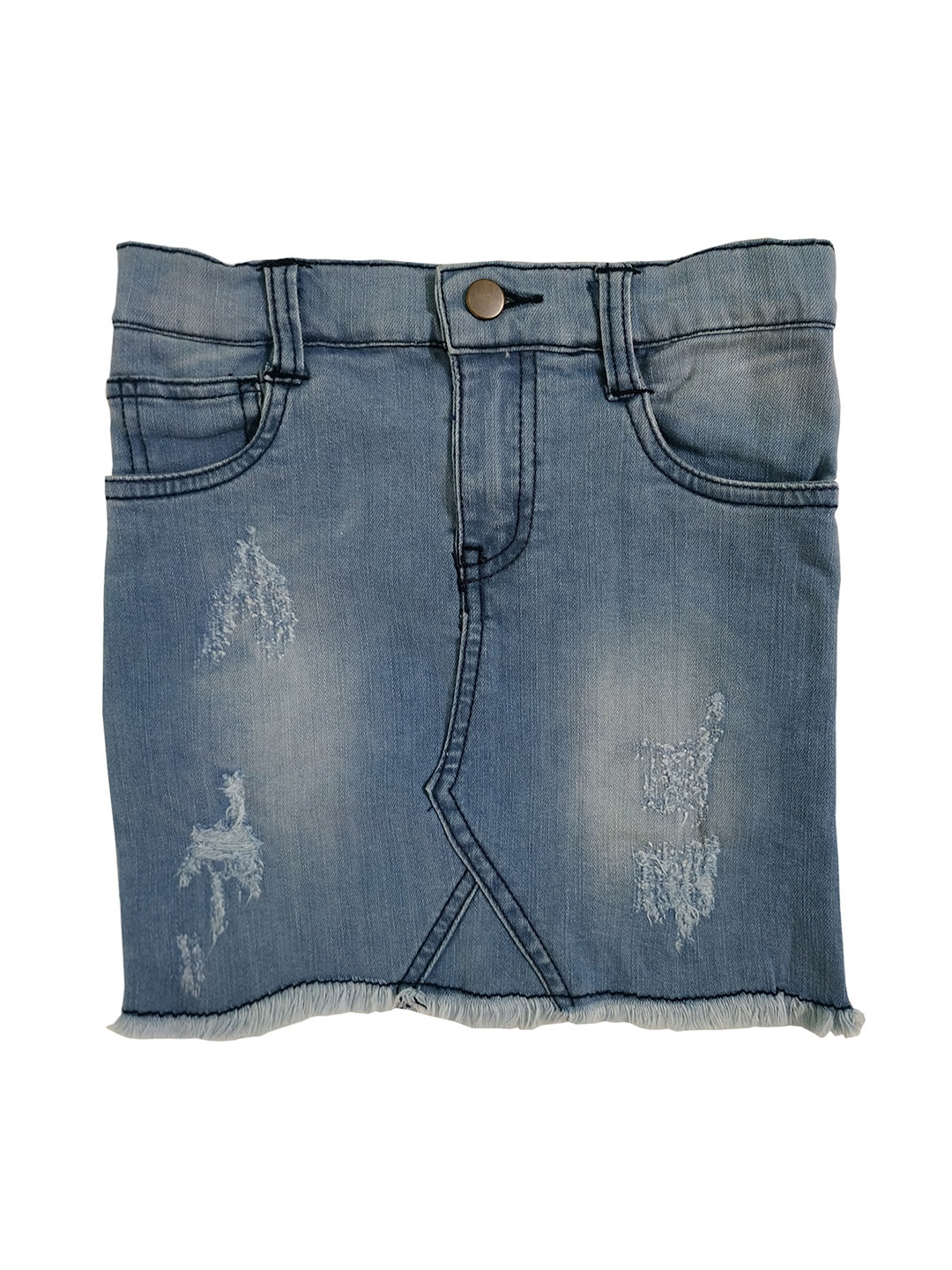 KiddoPanti Girls Blue Denim Distressed Straight Mini Skirt